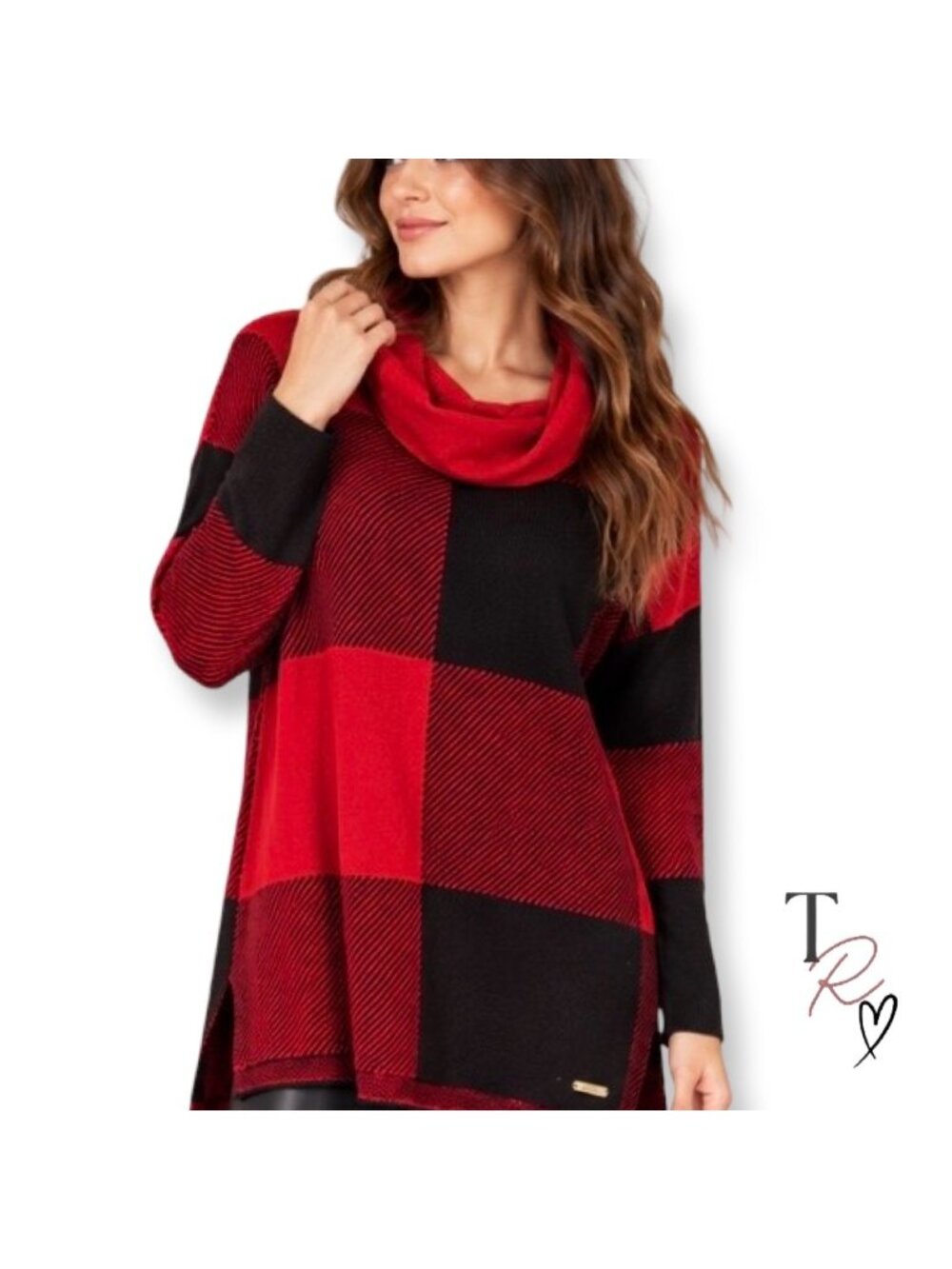Calvin Klein Red Black Buffalo Plaid Cowl Neck Sweater Tunic Size Medium